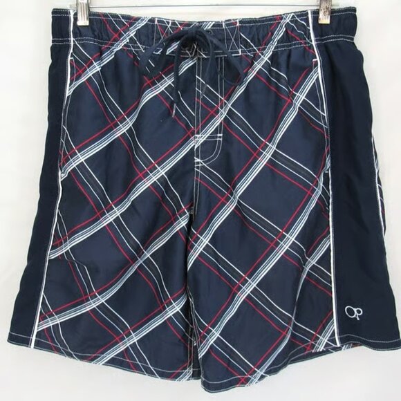 OP Men's Dark Navy with White & Red Stripe 8 1/2" Inseam Swim Trunks L (36-38) - Picture 1 of 4